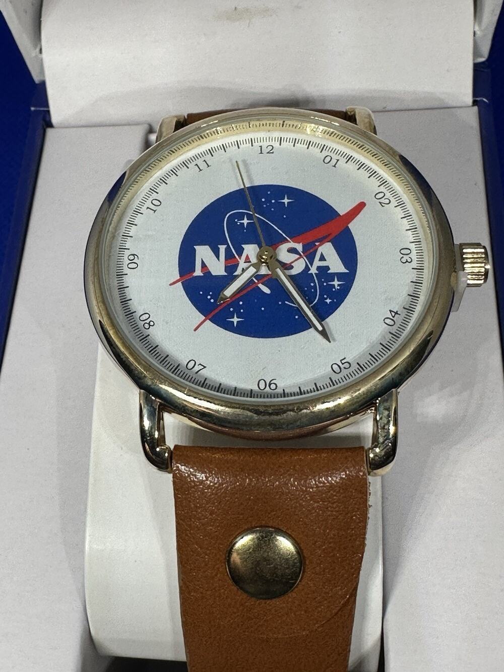 NASA Logo Men's Wristwatch Gold Tone Brown Cuff Strap New in Box